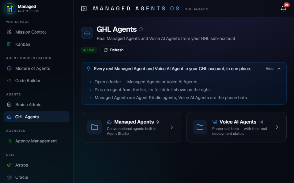 Agent OS CRM Agents screen listing Managed Agents and Voice AI Agents pulled live from a CRM account