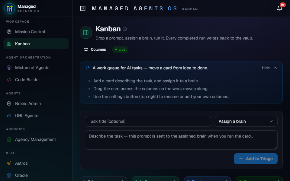 Agent OS Kanban board for assigning and tracking AI agent tasks