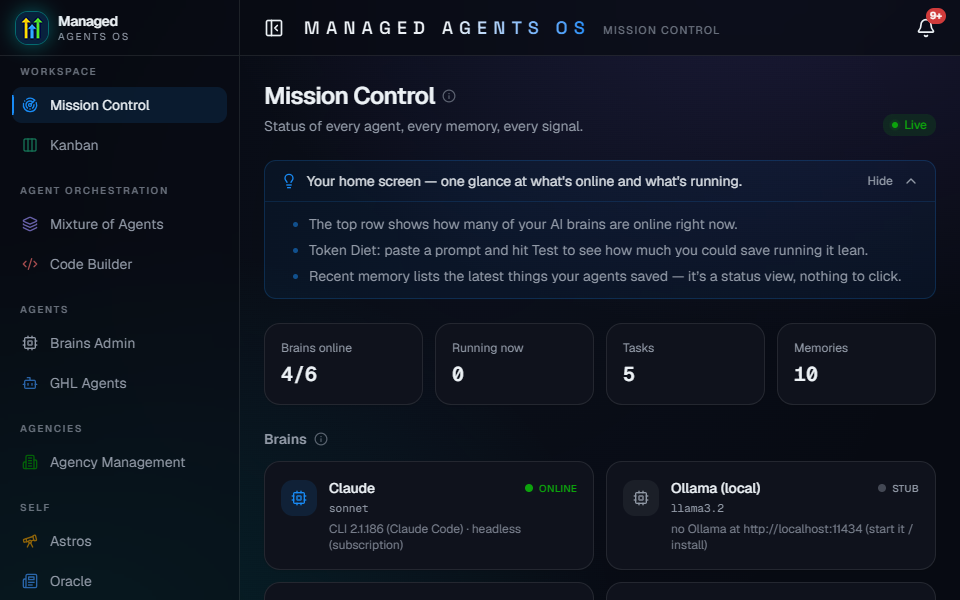 Agent OS Mission Control dashboard showing brains online, running tasks, and memory count